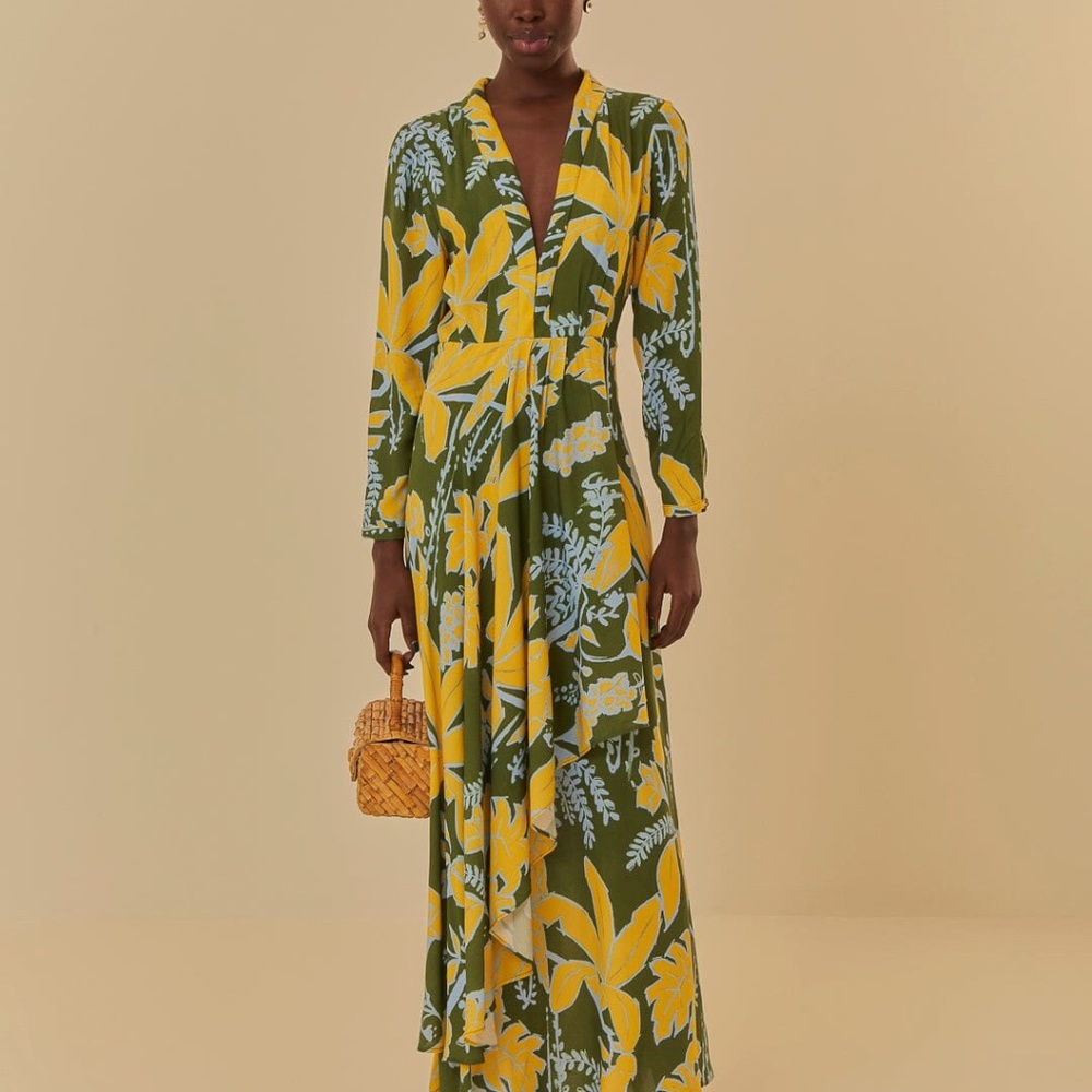 Foliage Sketch Green V Neck Maxi Dress